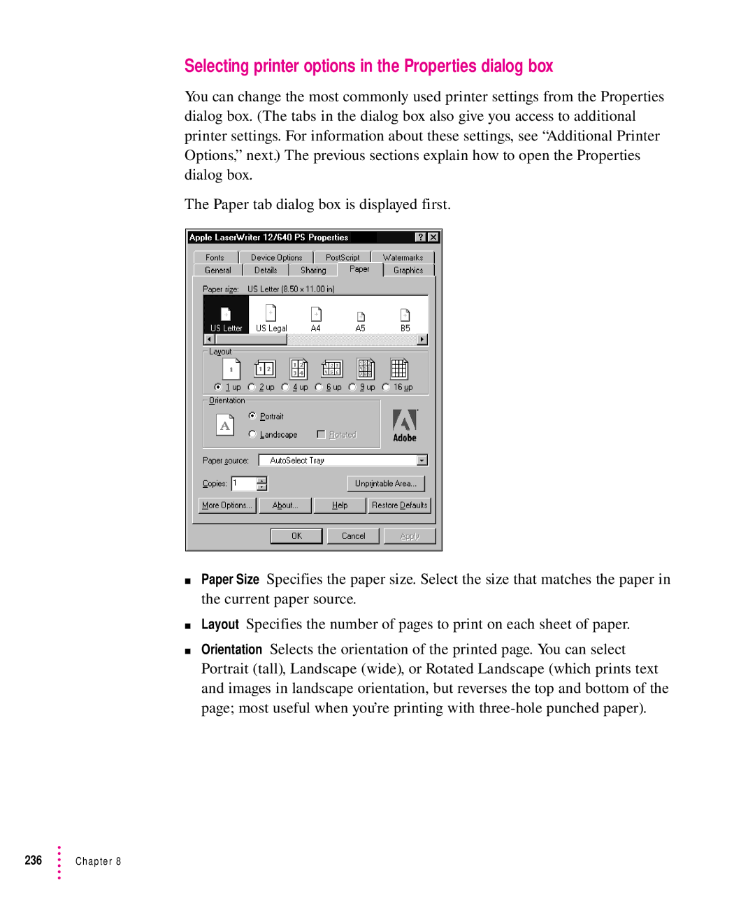 Apple 12/640PS manual Selecting printer options in the Properties dialog box 