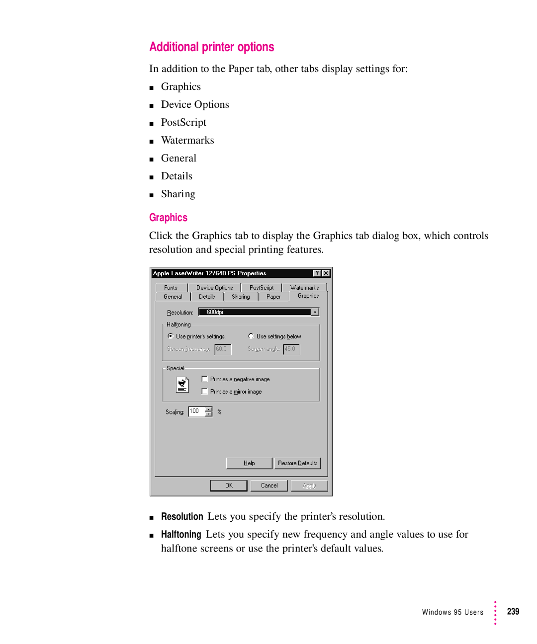 Apple 12/640PS manual Additional printer options, Graphics 