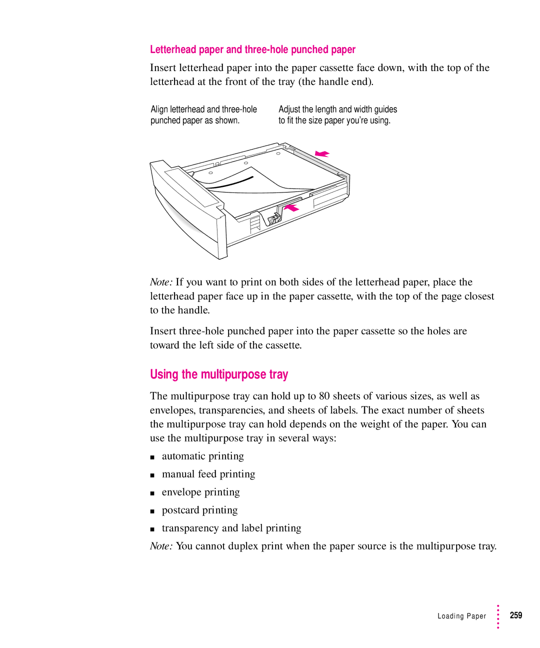 Apple 12/640PS manual Using the multipurpose tray, Letterhead paper and three-hole punched paper 