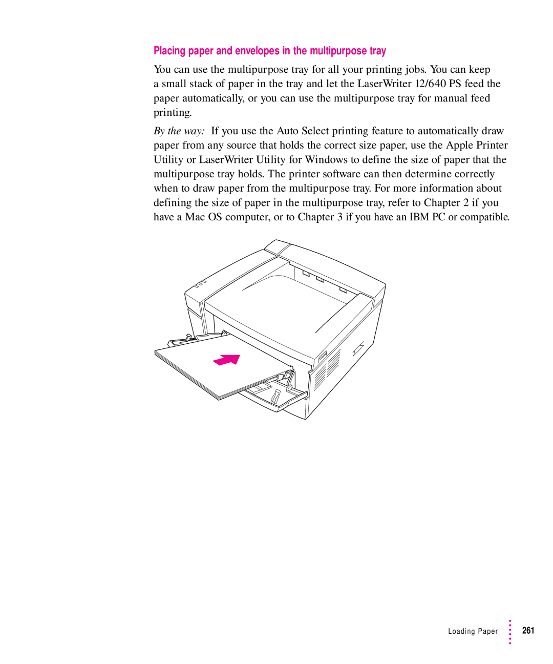 Apple 12/640PS manual Placing paper and envelopes in the multipurpose tray 