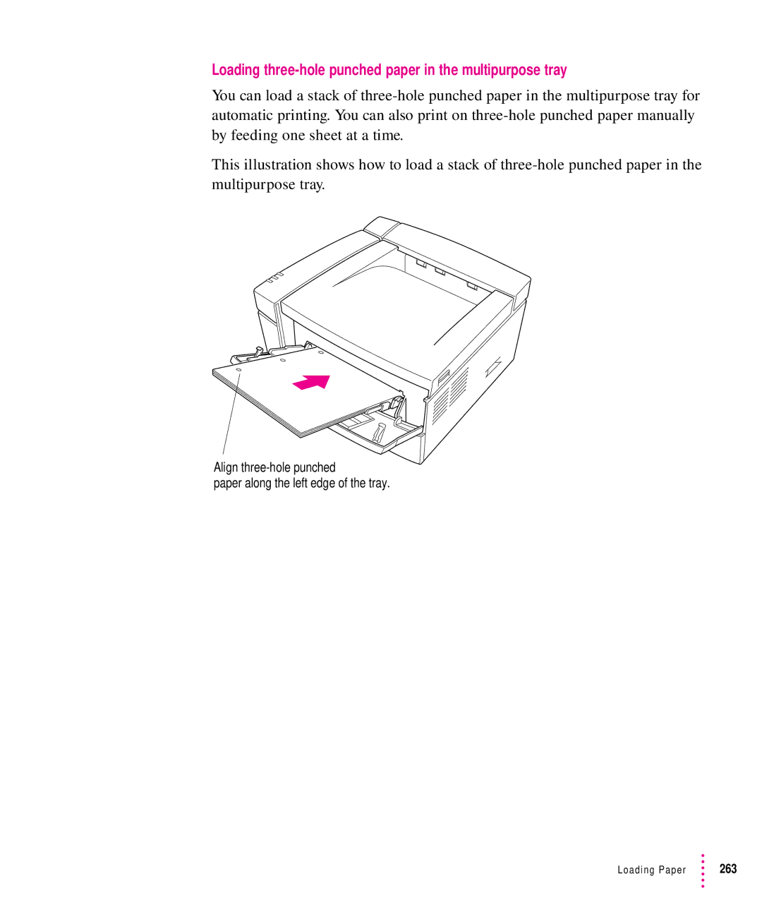 Apple 12/640PS manual Loading three-hole punched paper in the multipurpose tray 