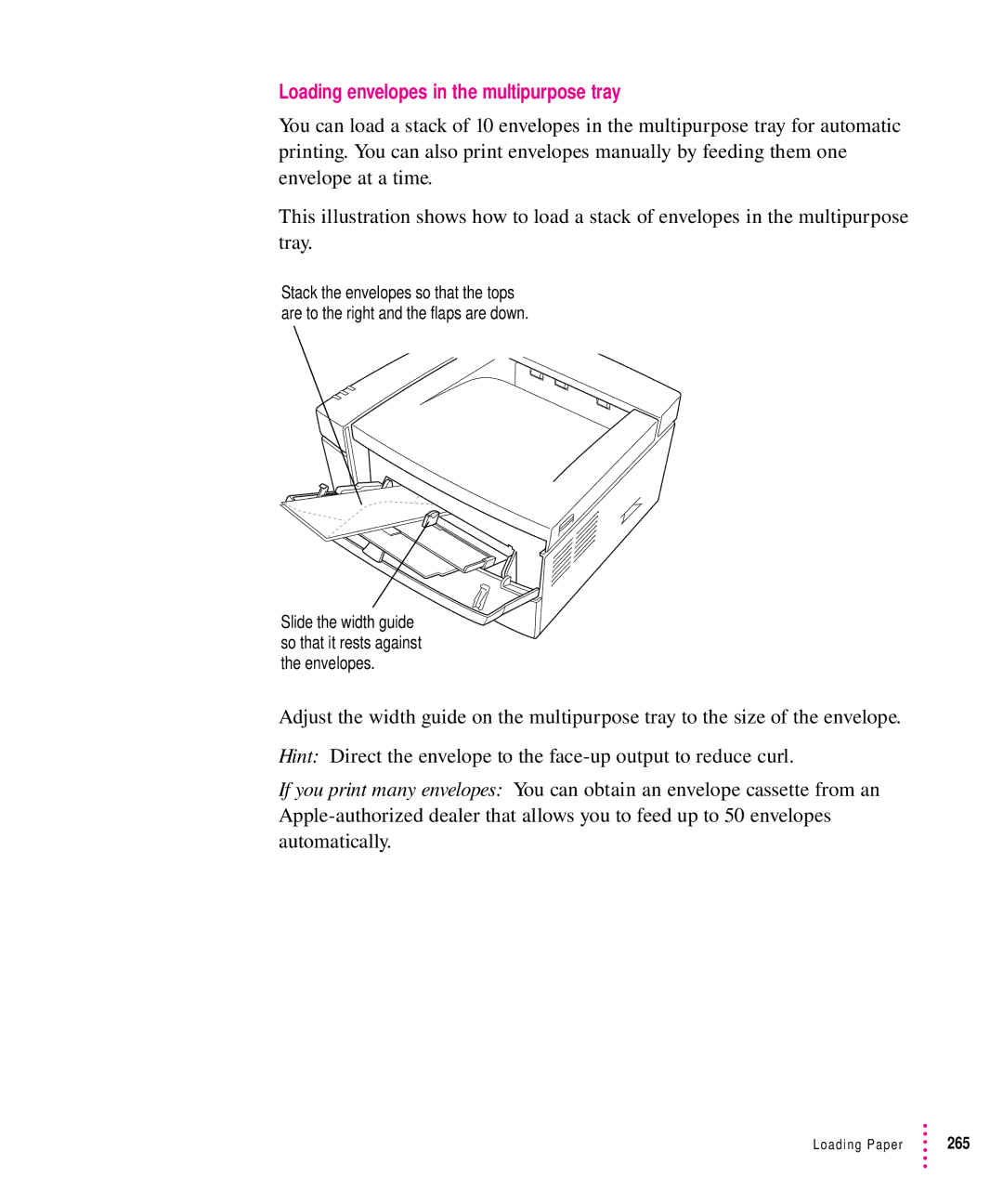 Apple 12/640PS manual Loading envelopes in the multipurpose tray 