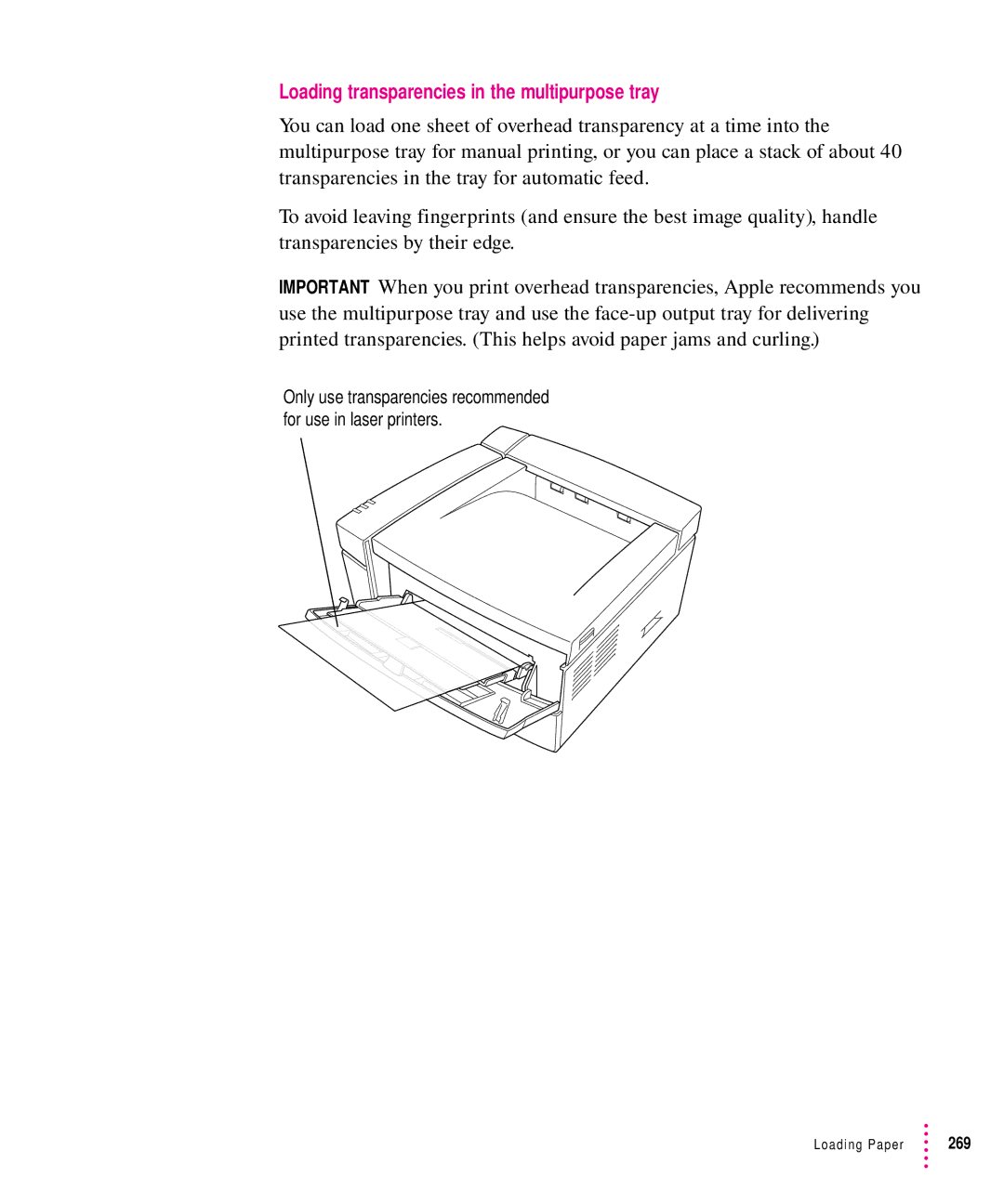 Apple 12/640PS manual Loading transparencies in the multipurpose tray 