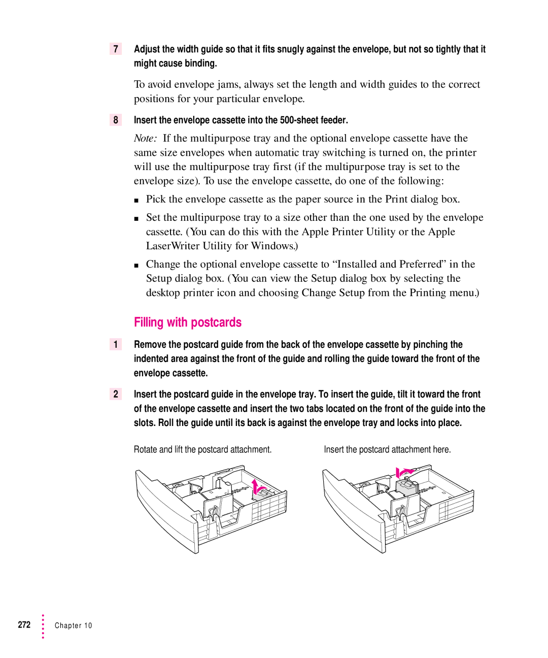 Apple 12/640PS manual Filling with postcards, Insert the envelope cassette into the 500-sheet feeder 