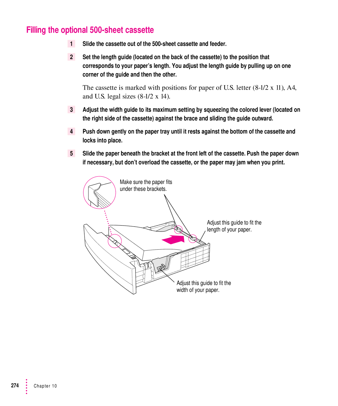 Apple 12/640PS manual Filling the optional 500-sheet cassette 