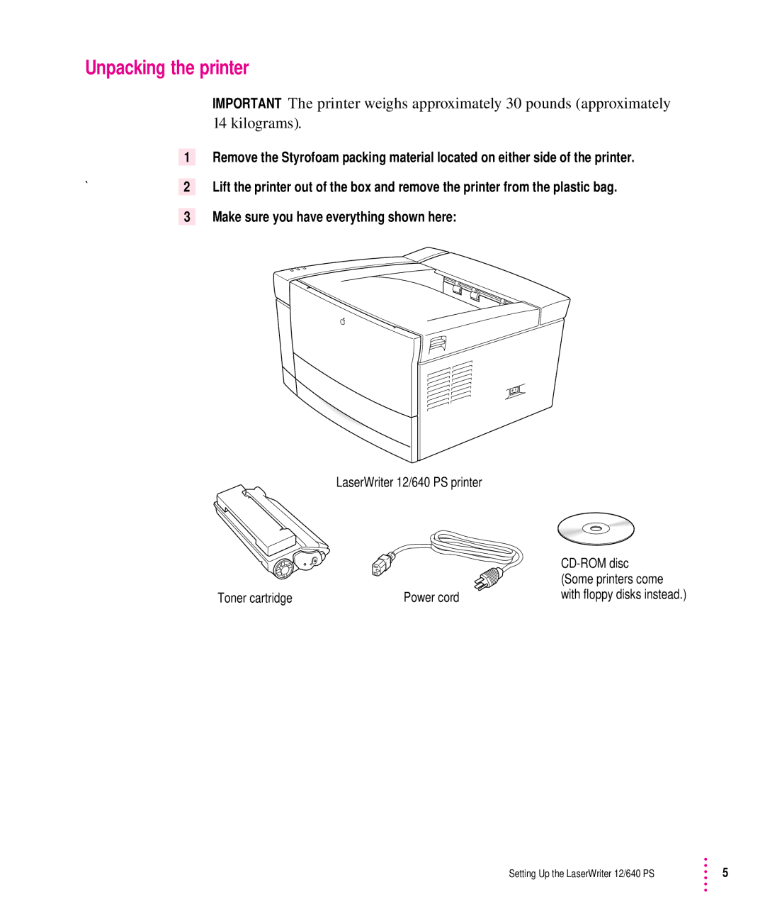 Apple 12/640PS manual Unpacking the printer 