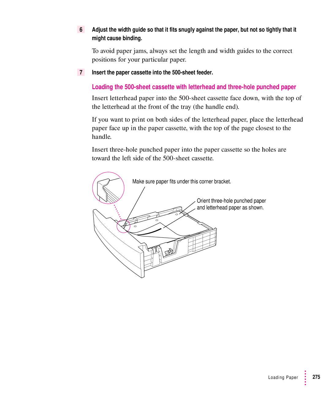 Apple 12/640PS manual Insert the paper cassette into the 500-sheet feeder 