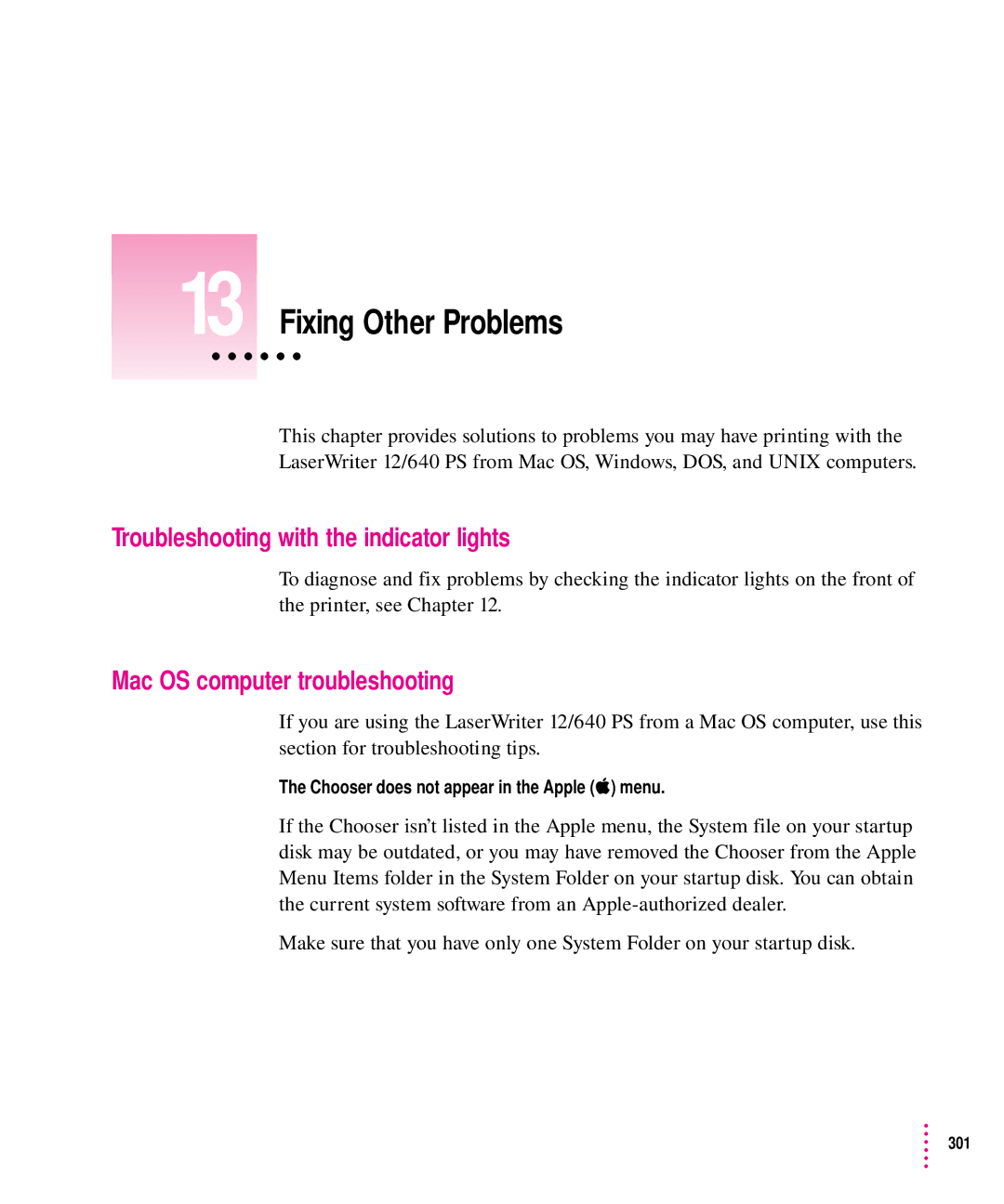 Apple 12/640PS manual Fixing Other Problems, Troubleshooting with the indicator lights, Mac OS computer troubleshooting 