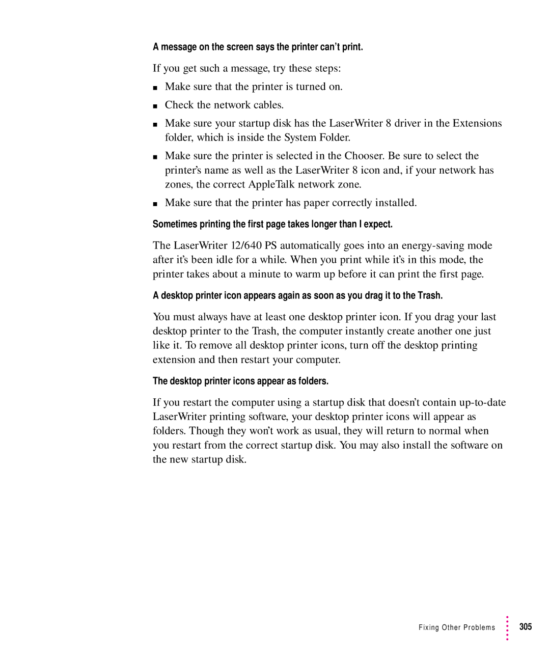 Apple 12/640PS manual Message on the screen says the printer can’t print, Desktop printer icons appear as folders 