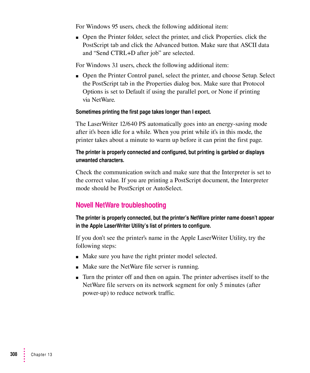 Apple 12/640PS manual Novell NetWare troubleshooting, Sometimes printing the first page takes longer than I expect 