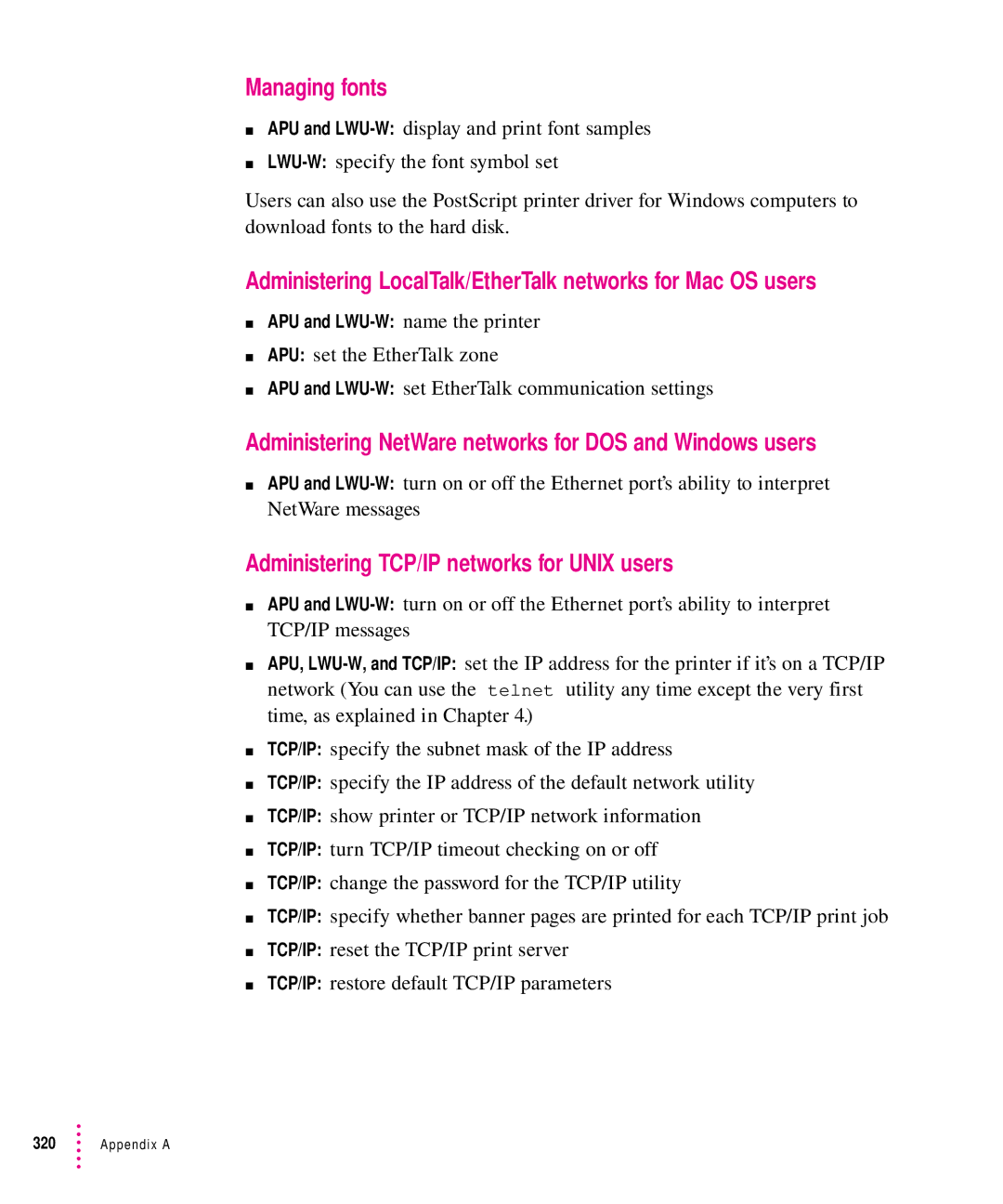 Apple 12/640PS manual Managing fonts, Administering LocalTalk/EtherTalk networks for Mac OS users 