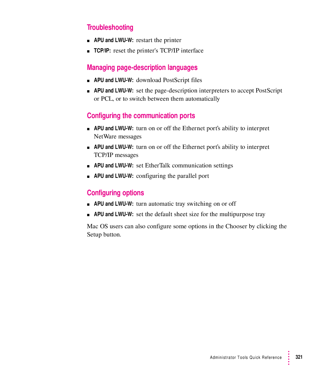 Apple 12/640PS manual Managing page-description languages, Configuring the communication ports, Configuring options 