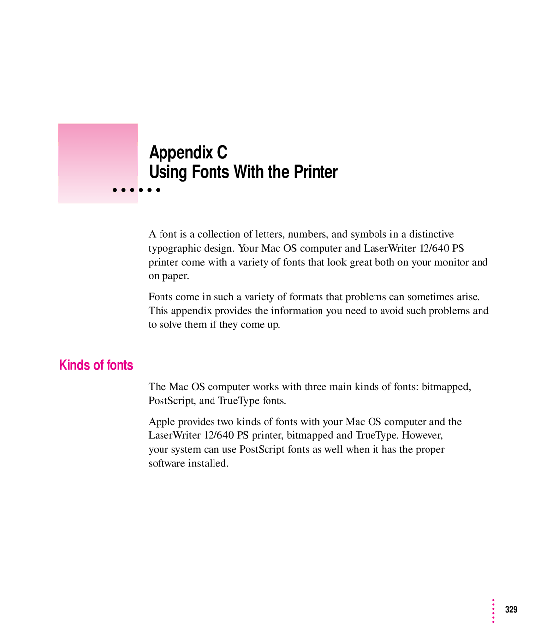 Apple 12/640PS manual Appendix C Using Fonts With the Printer, Kinds of fonts 