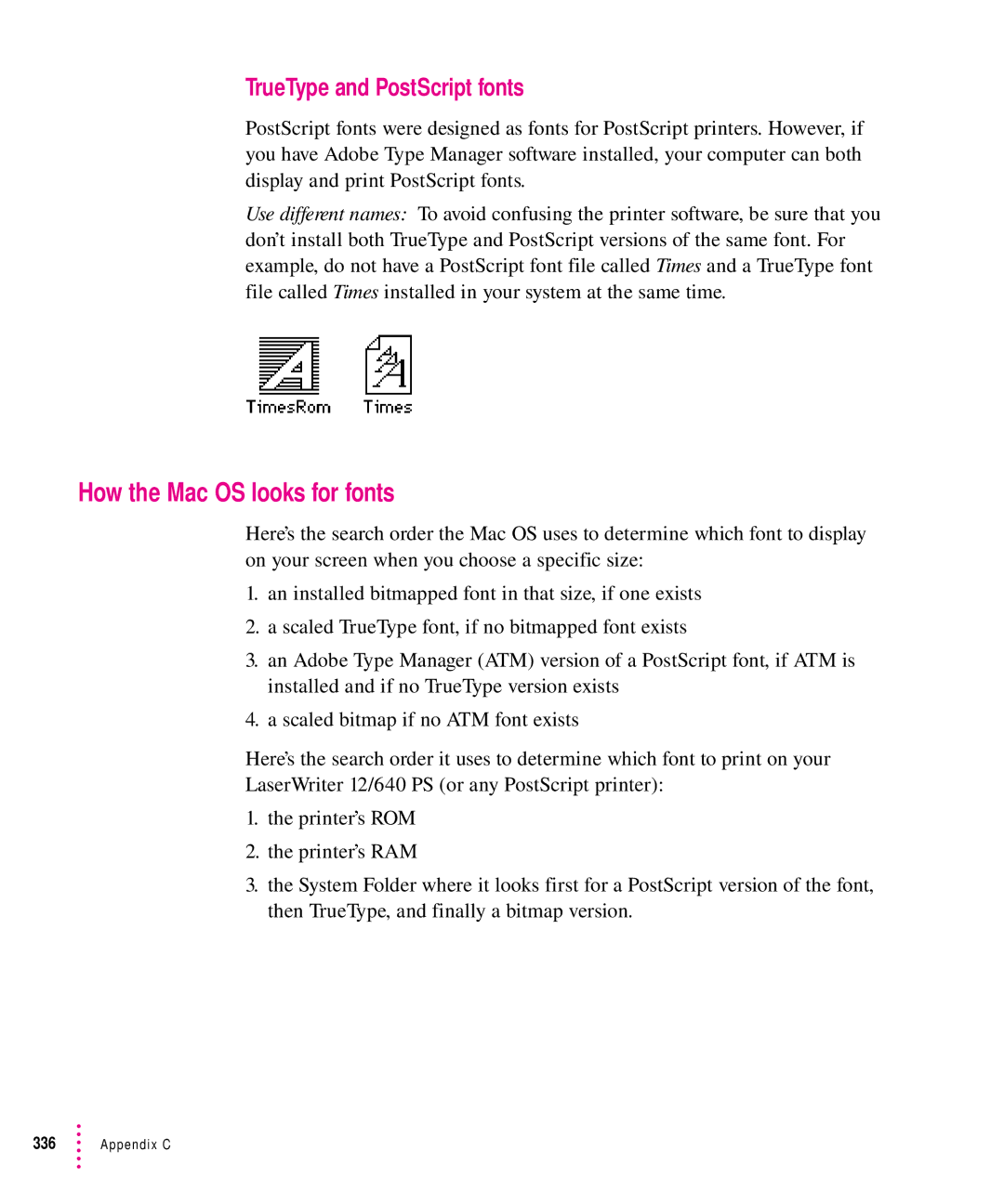 Apple 12/640PS manual How the Mac OS looks for fonts, TrueType and PostScript fonts 