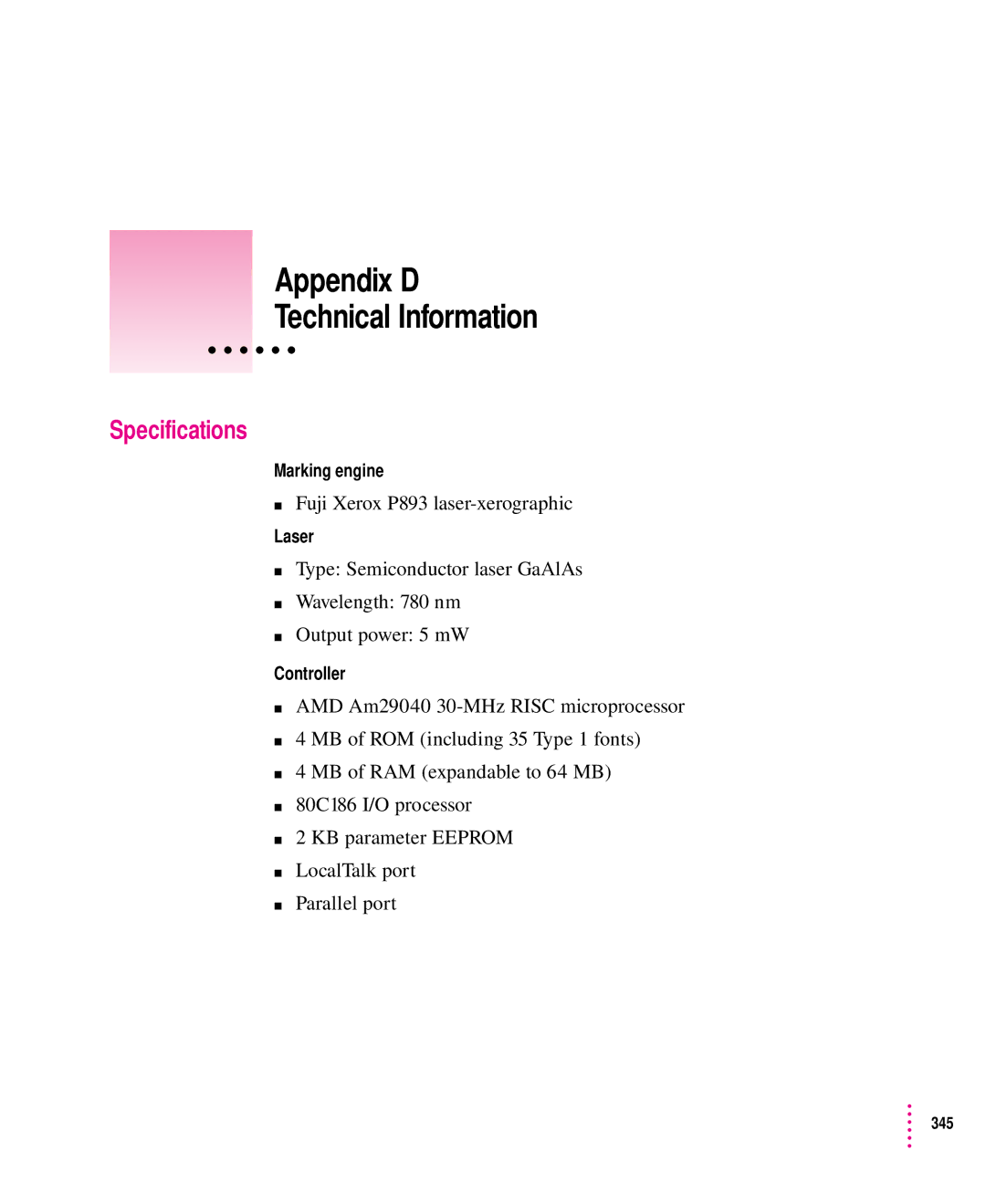 Apple 12/640PS manual Appendix D Technical Information, Specifications, Fuji Xerox P893 laser-xerographic 