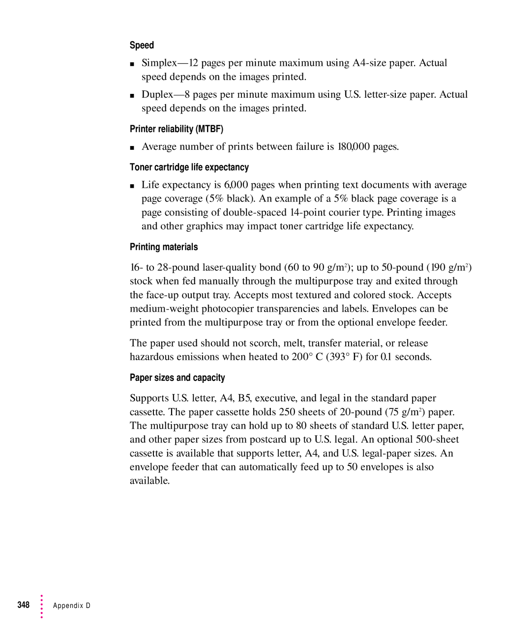 Apple 12/640PS manual Average number of prints between failure is 180,000 pages 