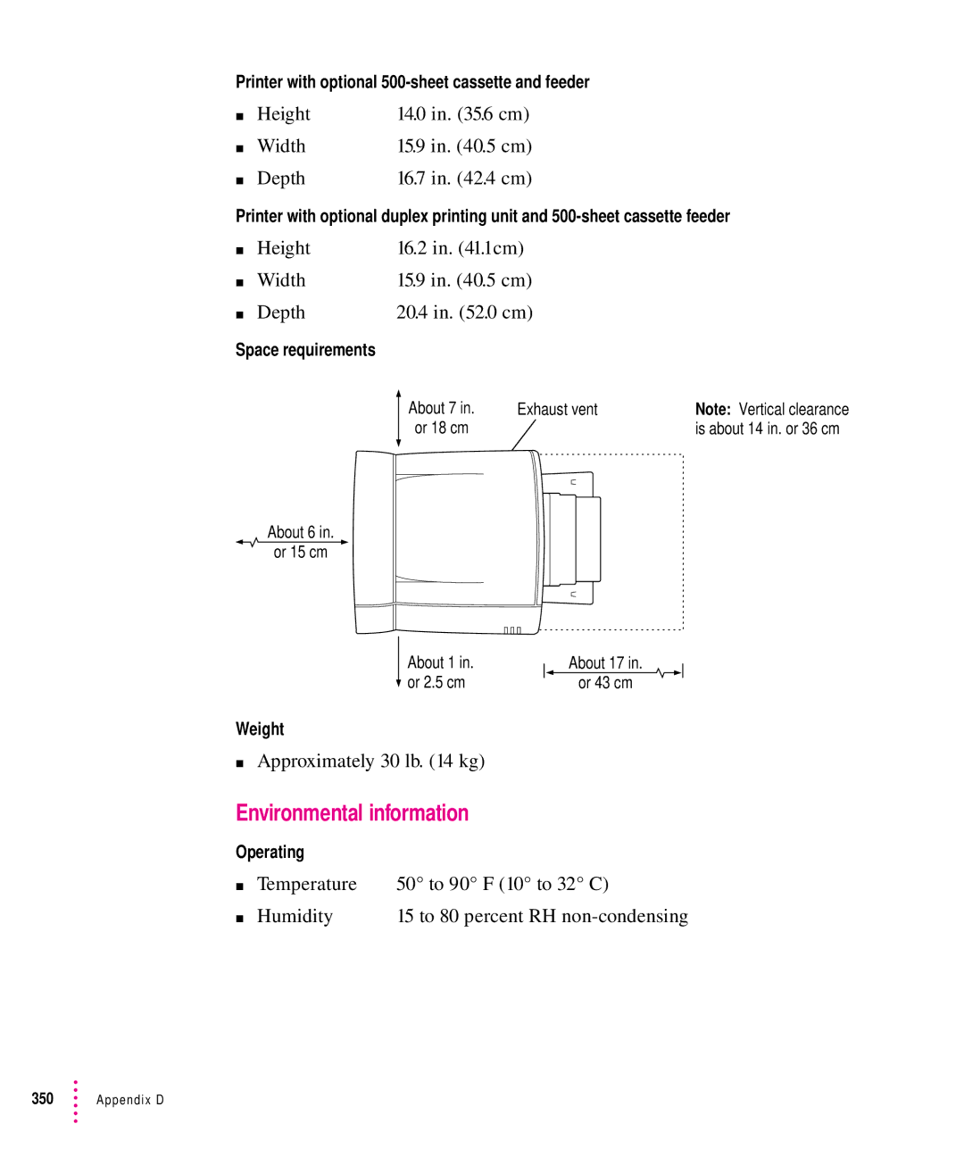 Apple 12/640PS manual Environmental information, Height 16.2 in .1cm Width, Approximately 30 lb kg 