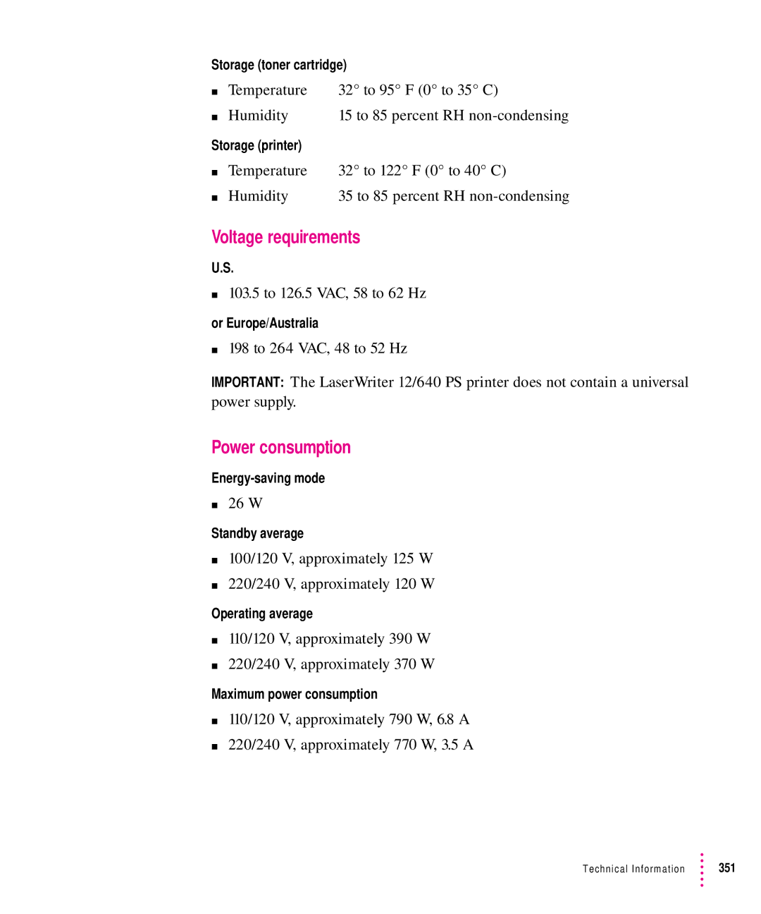 Apple 12/640PS manual Voltage requirements, Power consumption, 103.5 to 126.5 VAC, 58 to 62 Hz, 26 W 