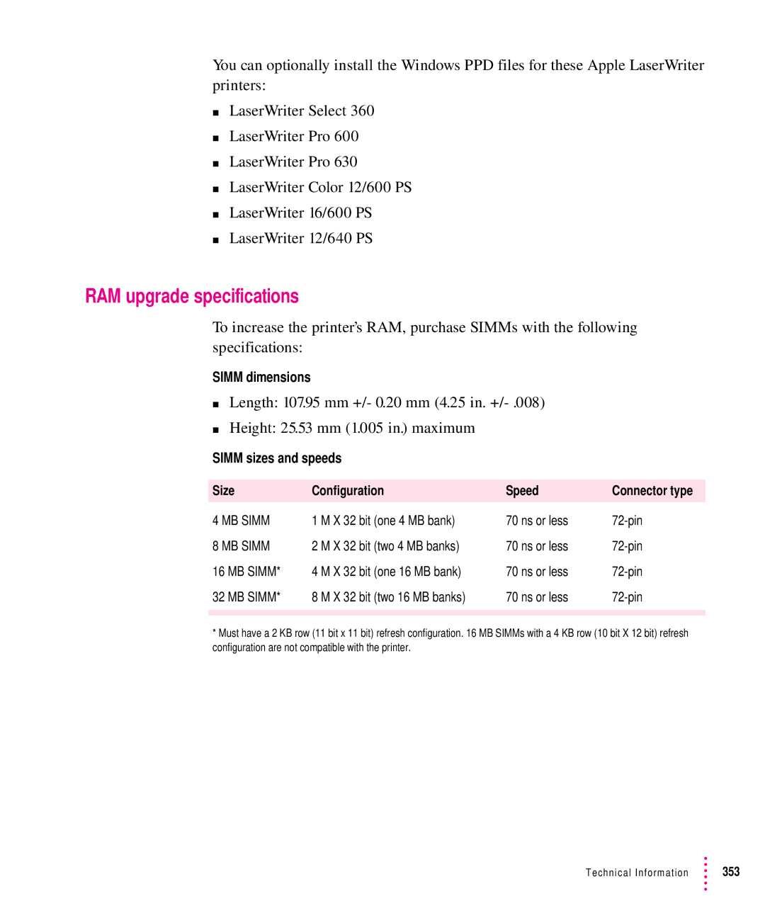 Apple 12/640PS manual RAM upgrade specifications, Simm dimensions, Simm sizes and speeds Size Configuration Speed 