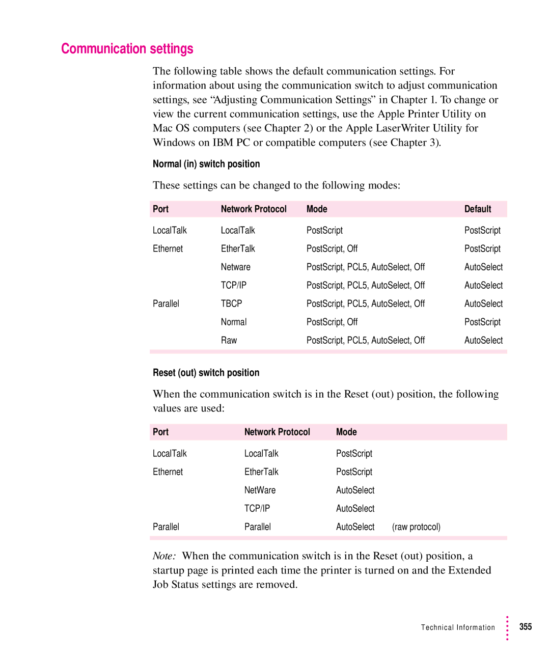 Apple 12/640PS manual Communication settings, These settings can be changed to the following modes 