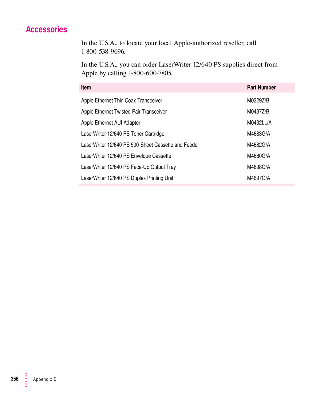 Apple 12/640PS manual Accessories, Part Number 