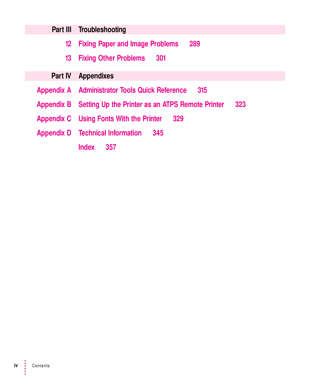 Apple 12/640PS Part Troubleshooting, 289, Part Appendixes Appendix a, Appendix B, 323, Appendix C, Appendix D, Index 357 