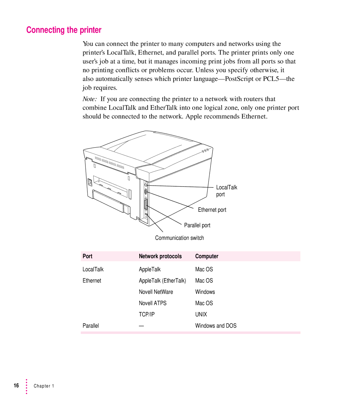 Apple 12/640PS manual Connecting the printer, Port Network protocols Computer 