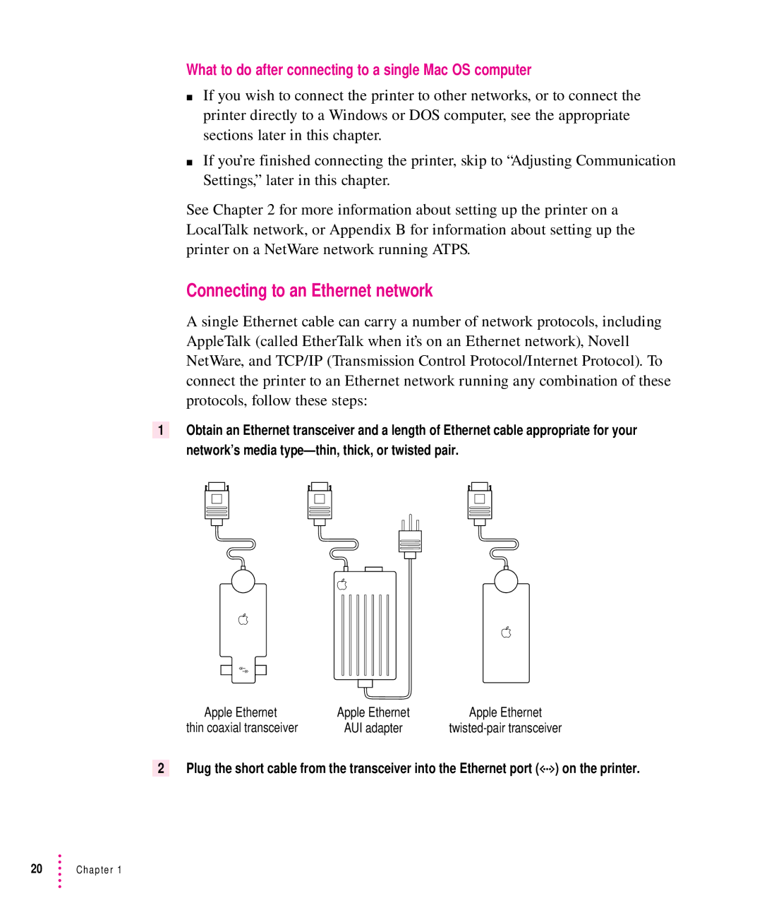 Apple 12/640PS manual Connecting to an Ethernet network, What to do after connecting to a single Mac OS computer 