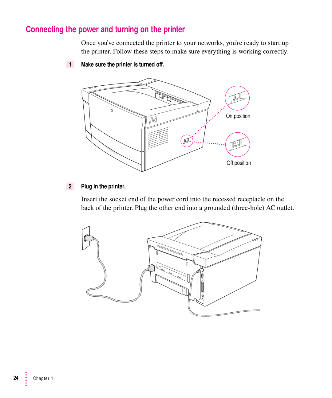 Apple 12/640PS Connecting the power and turning on the printer, Make sure the printer is turned off, Plug in the printer 