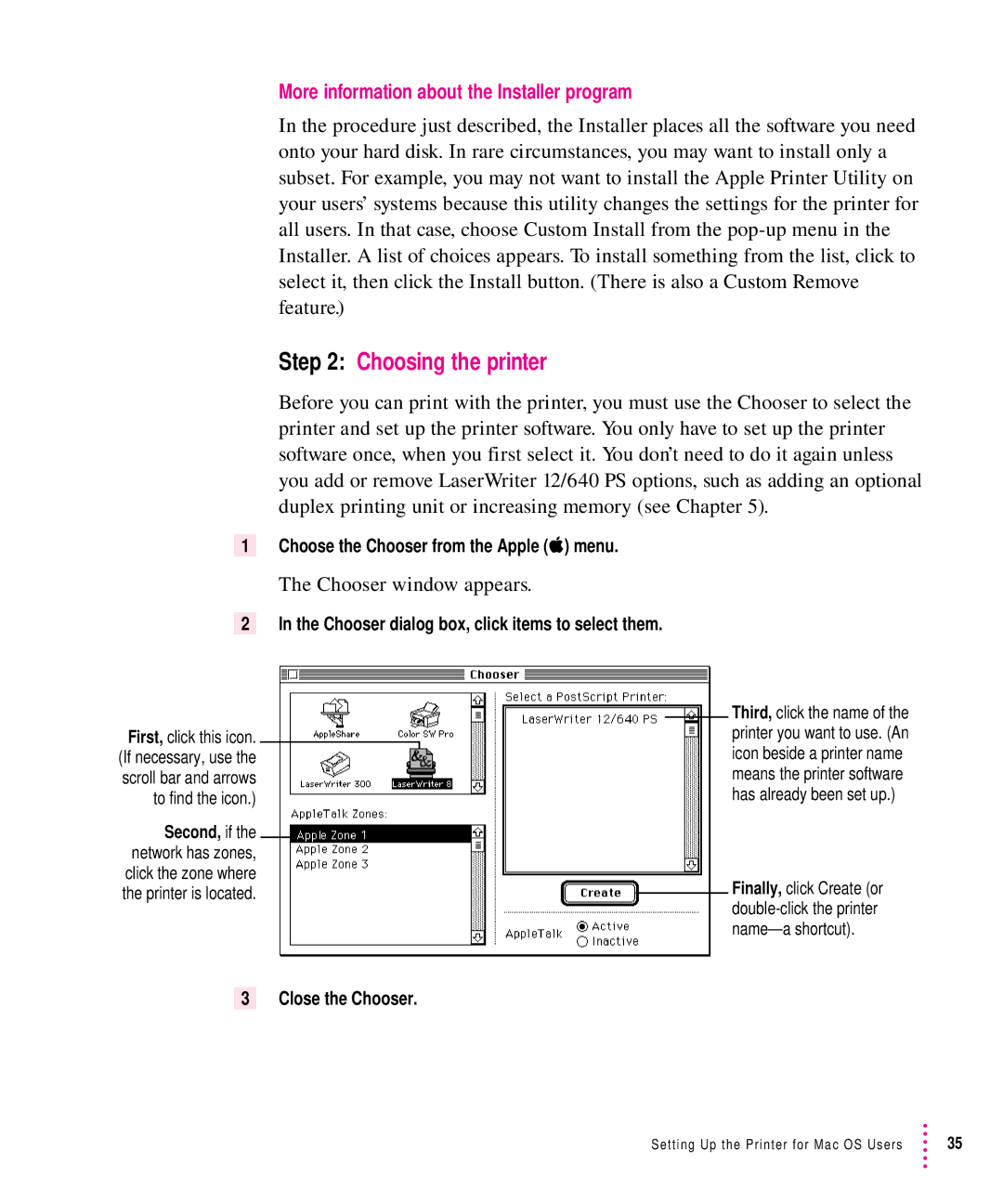 Apple 12/640PS manual Choosing the printer, More information about the Installer program, Chooser window appears 