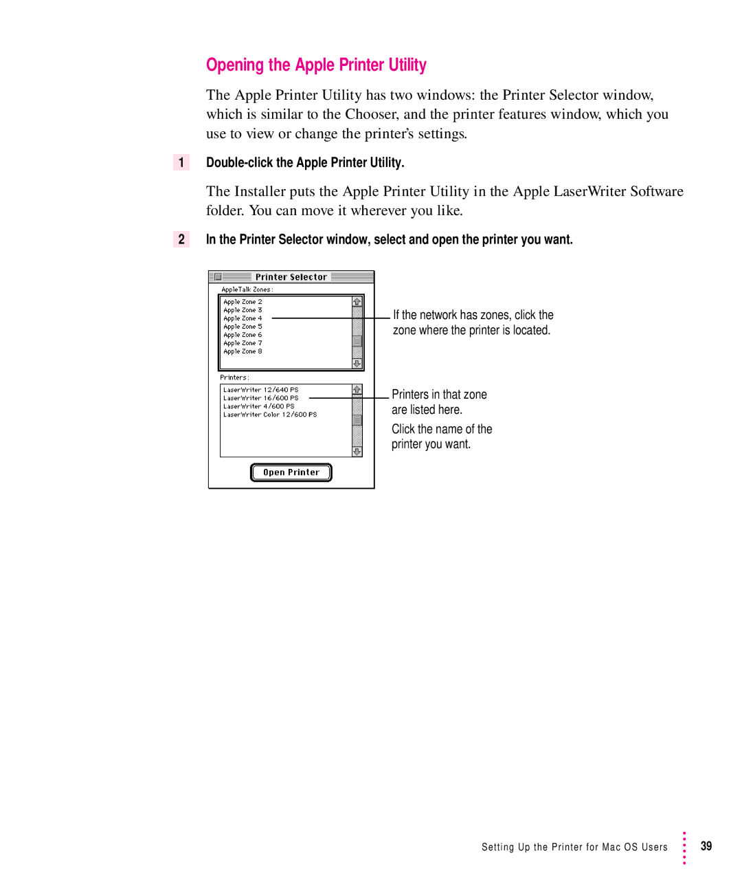 Apple 12/640PS manual Opening the Apple Printer Utility, Double-click the Apple Printer Utility 