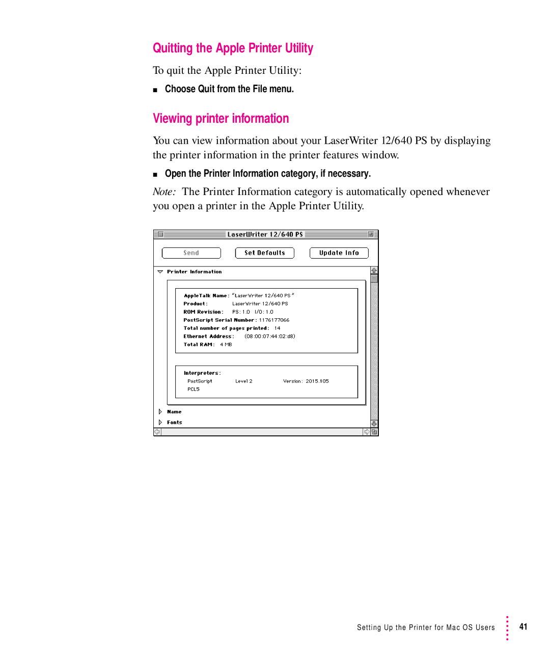 Apple 12/640PS manual Quitting the Apple Printer Utility, Viewing printer information, To quit the Apple Printer Utility 