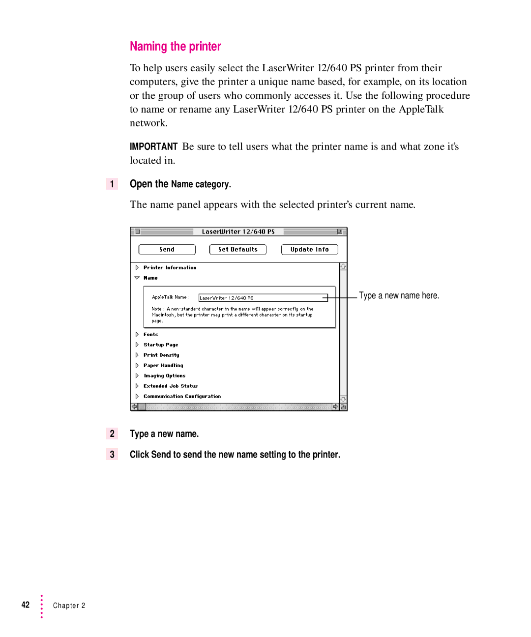 Apple 12/640PS Naming the printer, Name panel appears with the selected printer’s current name, Open the Name category 