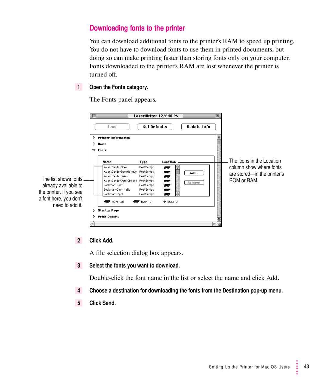 Apple 12/640PS manual Downloading fonts to the printer, Fonts panel appears, File selection dialog box appears 