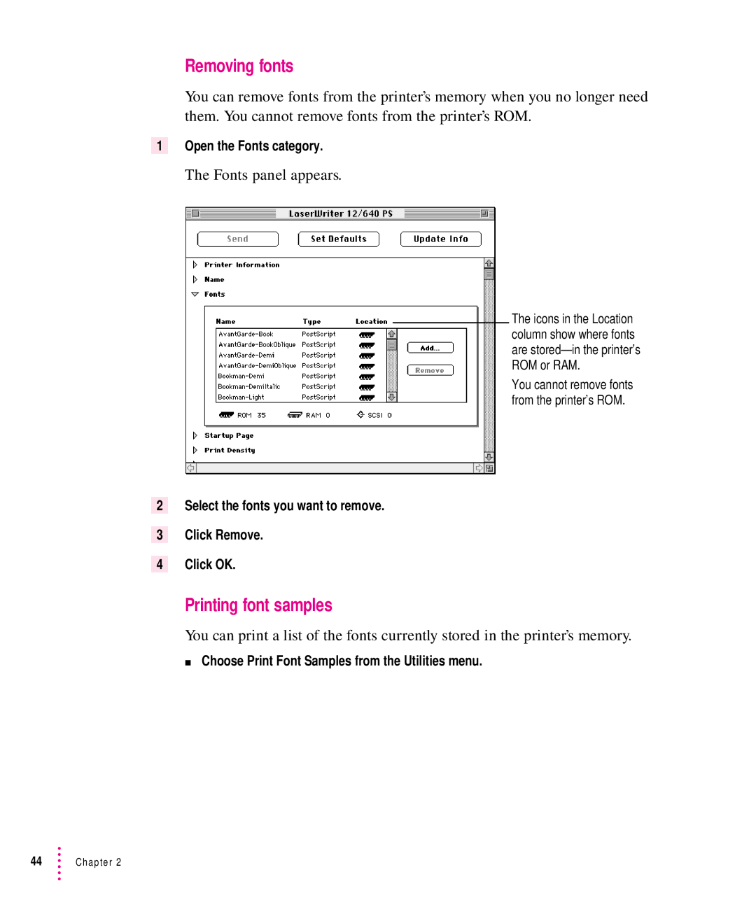 Apple 12/640PS manual Removing fonts, Printing font samples, Select the fonts you want to remove Click Remove Click OK 