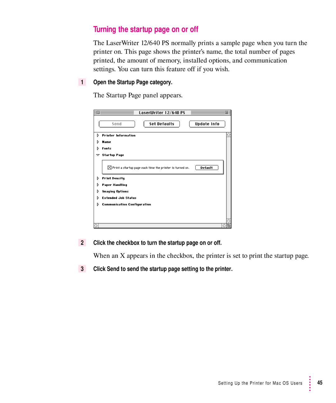 Apple 12/640PS manual Turning the startup page on or off, Startup Page panel appears, Open the Startup Page category 