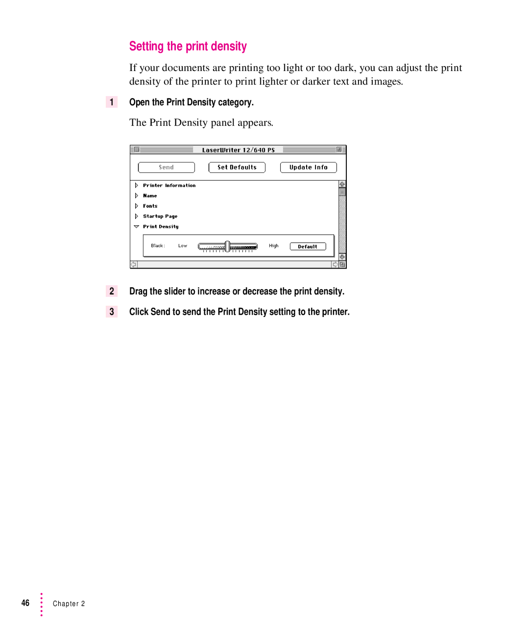 Apple 12/640PS manual Setting the print density, Print Density panel appears, Open the Print Density category 