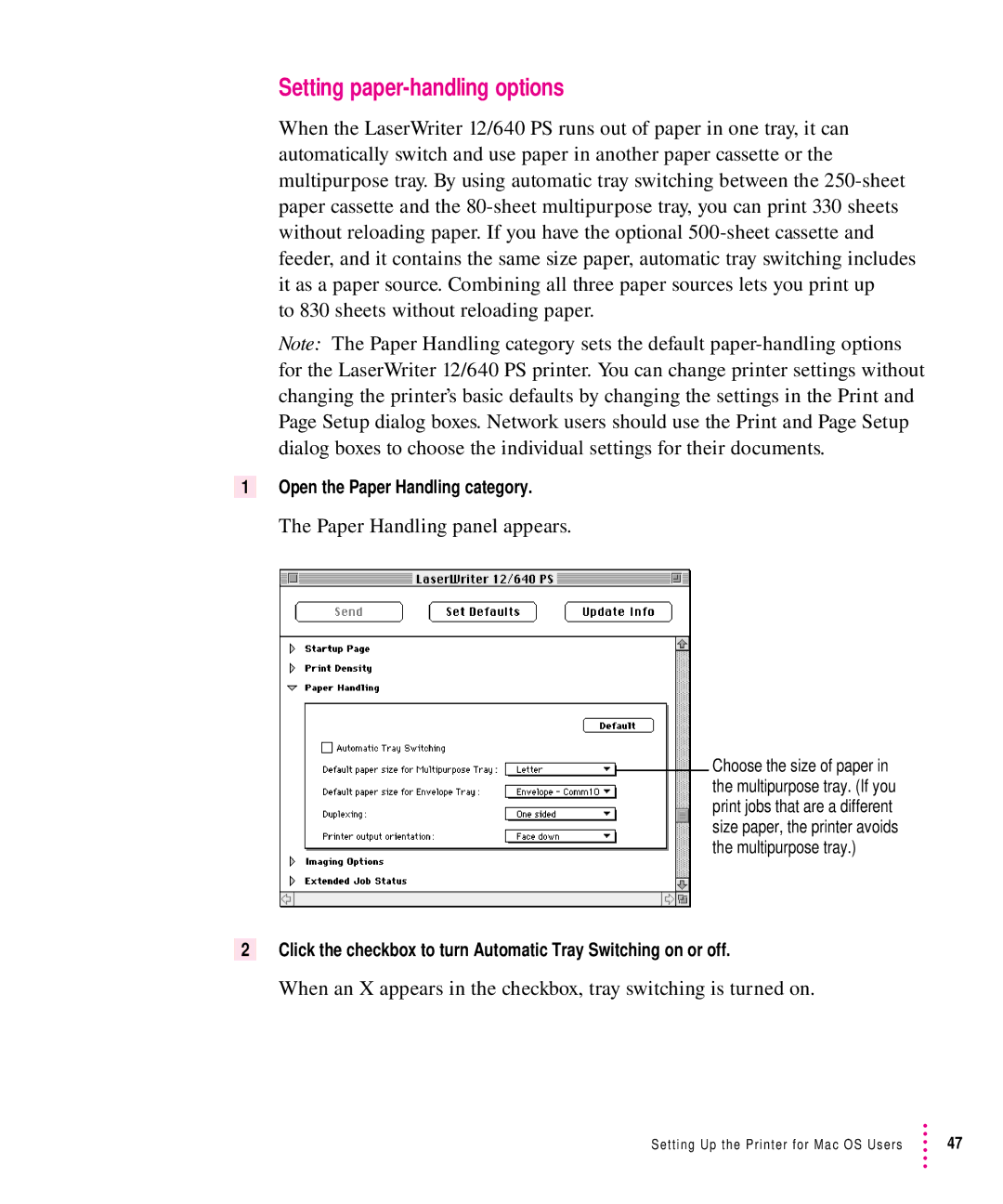 Apple 12/640PS manual Setting paper-handling options, Paper Handling panel appears, Open the Paper Handling category 