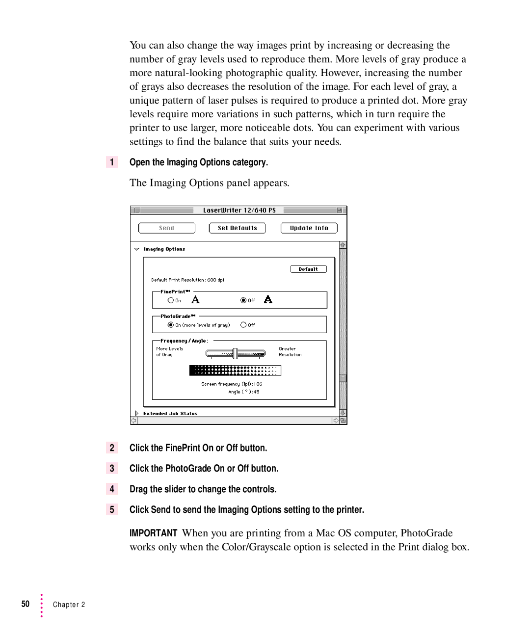 Apple 12/640PS manual Imaging Options panel appears, Open the Imaging Options category 