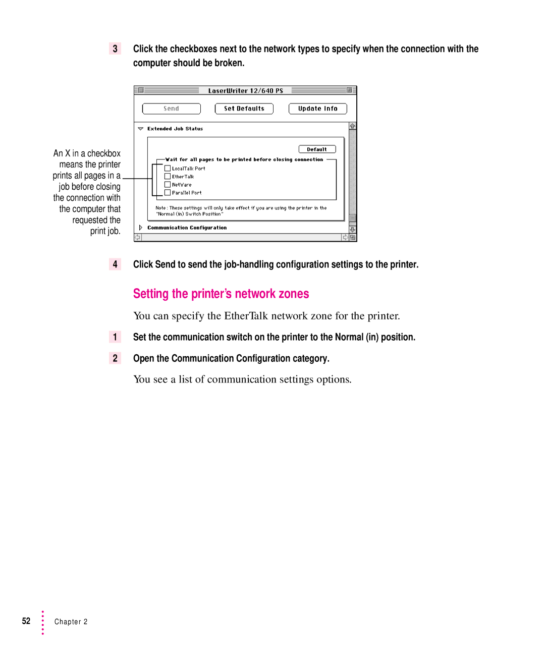 Apple 12/640PS manual Setting the printer’s network zones, You can specify the EtherTalk network zone for the printer 