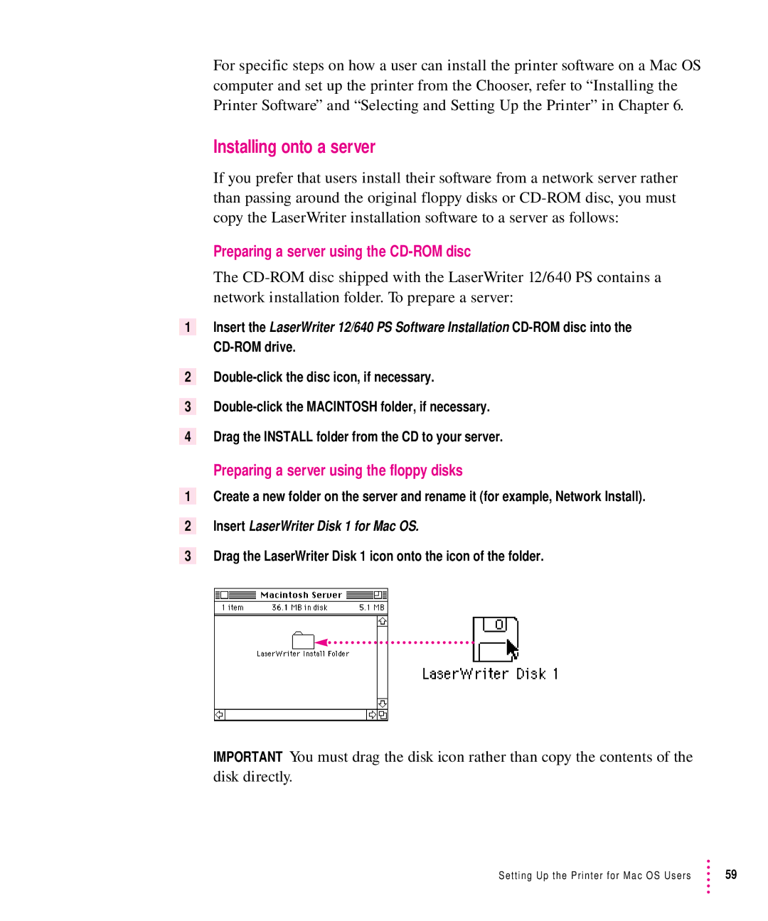 Apple 12/640PS manual Installing onto a server, Preparing a server using the CD-ROM disc 