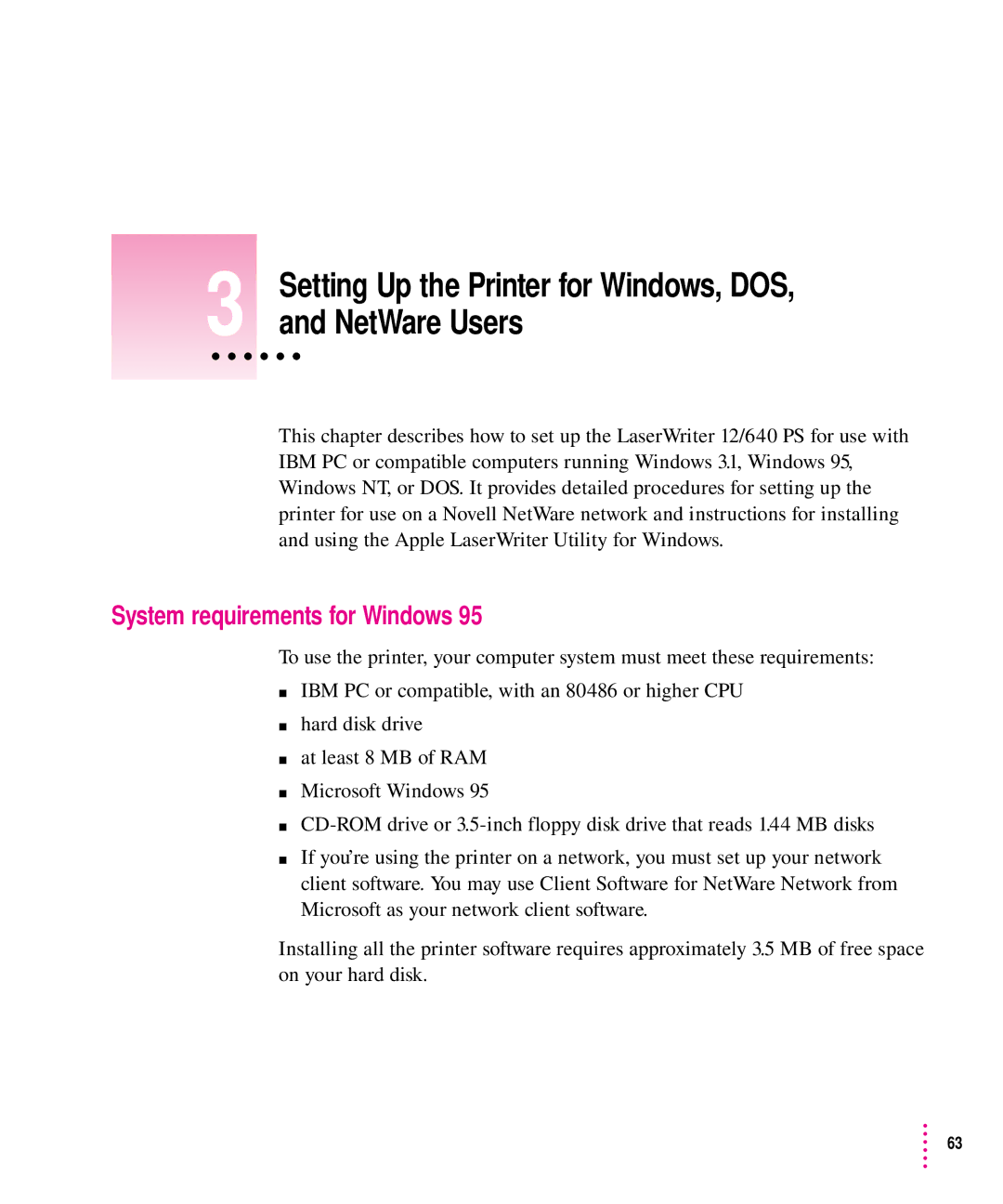 Apple 12/640PS manual NetWare Users, System requirements for Windows 