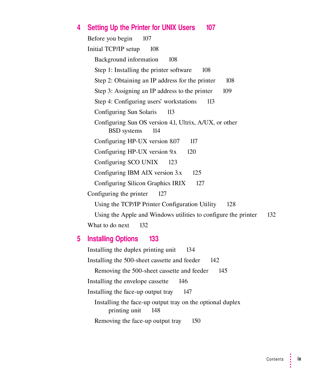 Apple 12/640PS manual Installing Options 133, Setting Up the Printer for Unix Users 