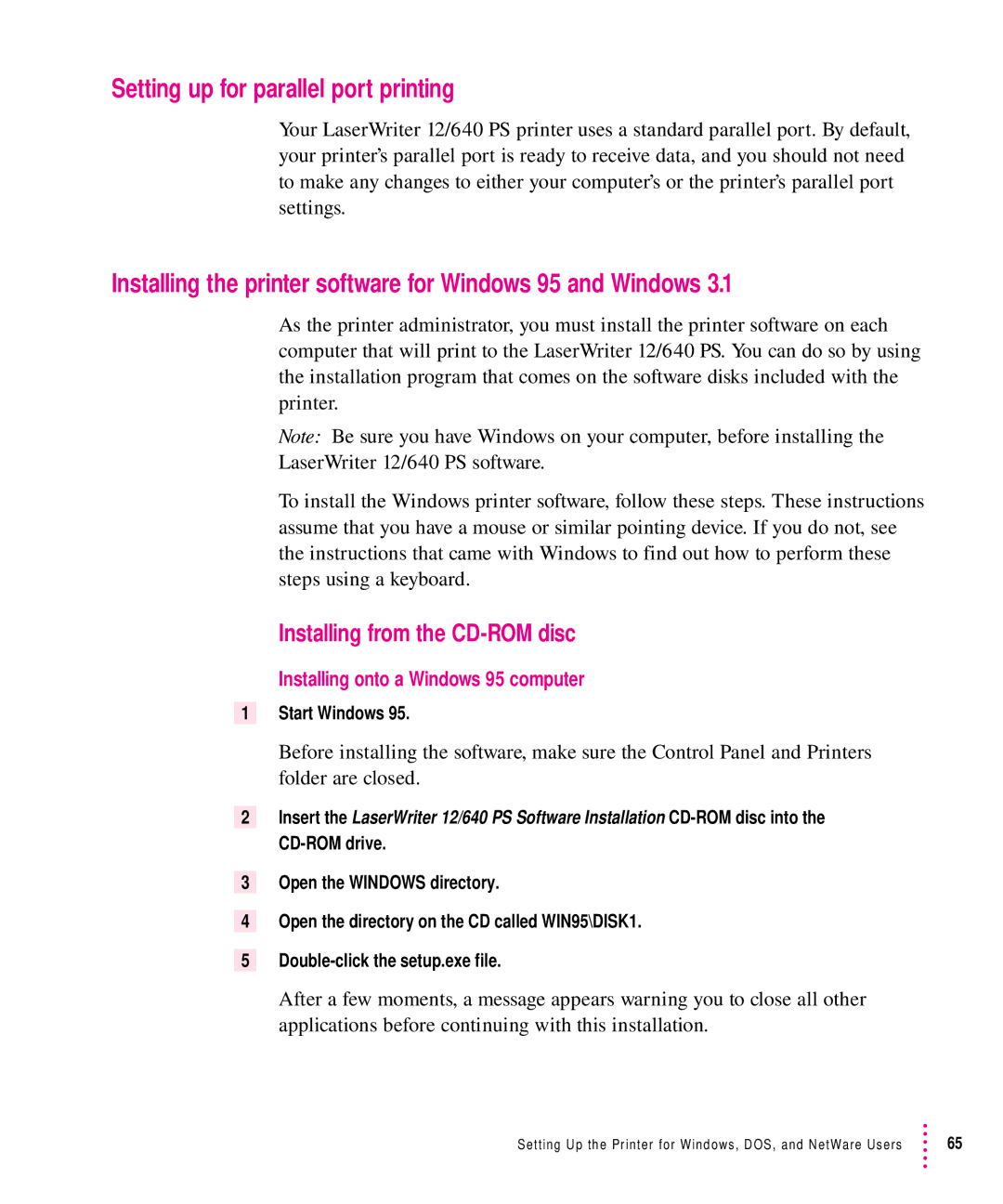 Apple 12/640PS manual Setting up for parallel port printing, Installing the printer software for Windows 95 and Windows 