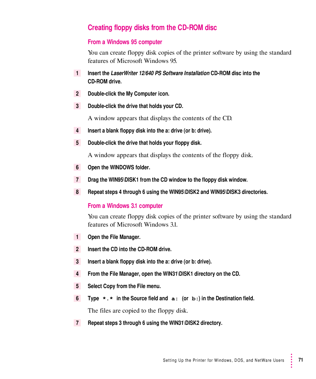 Apple 12/640PS manual Creating floppy disks from the CD-ROM disc, From a Windows 95 computer, From a Windows 3.1 computer 