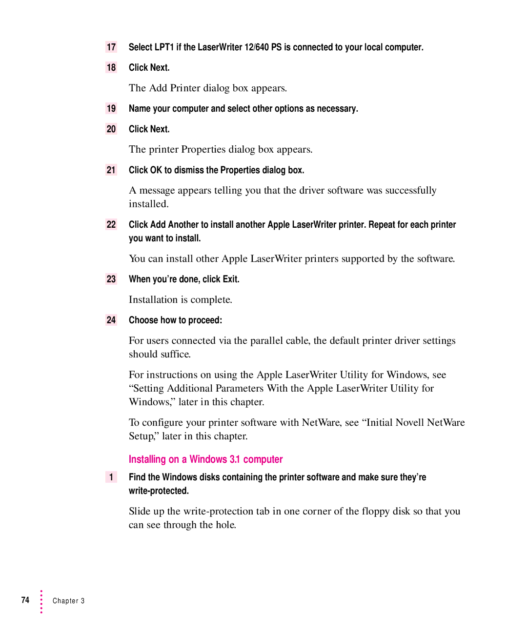 Apple 12/640PS manual Add Printer dialog box appears, Installing on a Windows 3.1 computer 