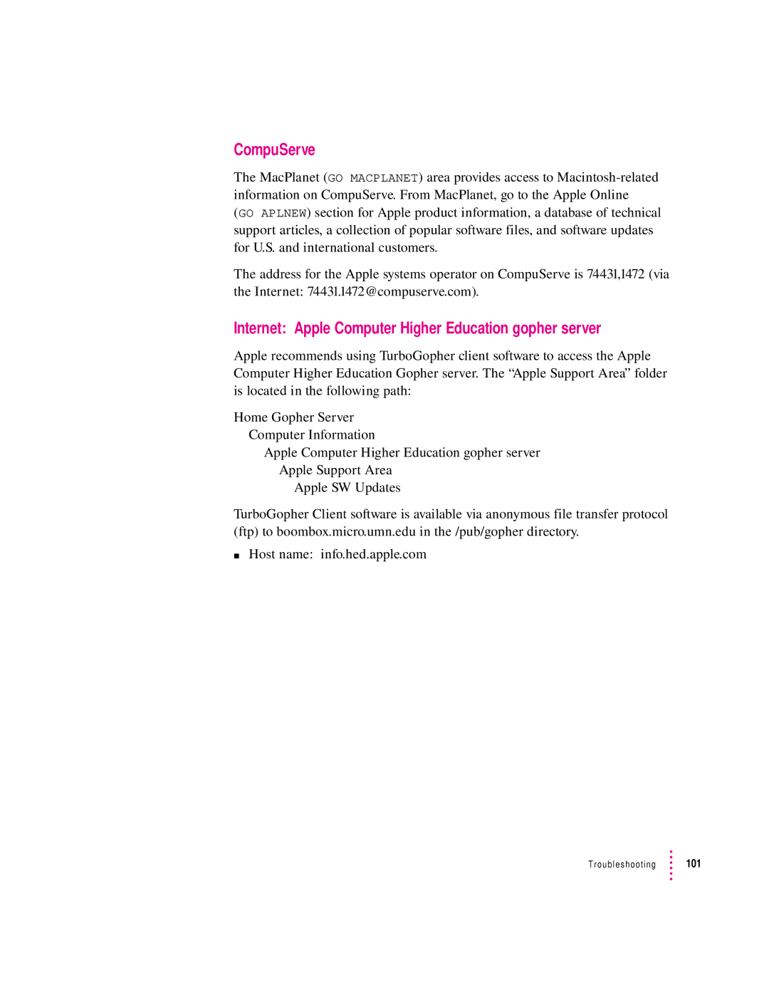 Apple 132 Series appendix CompuServe, Internet Apple Computer Higher Education gopher server 