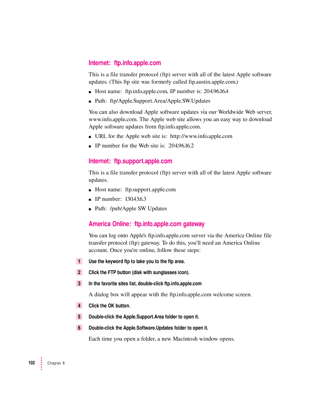 Apple 132 Series appendix Internet ftp.info.apple.com, Internet ftp.support.apple.com 
