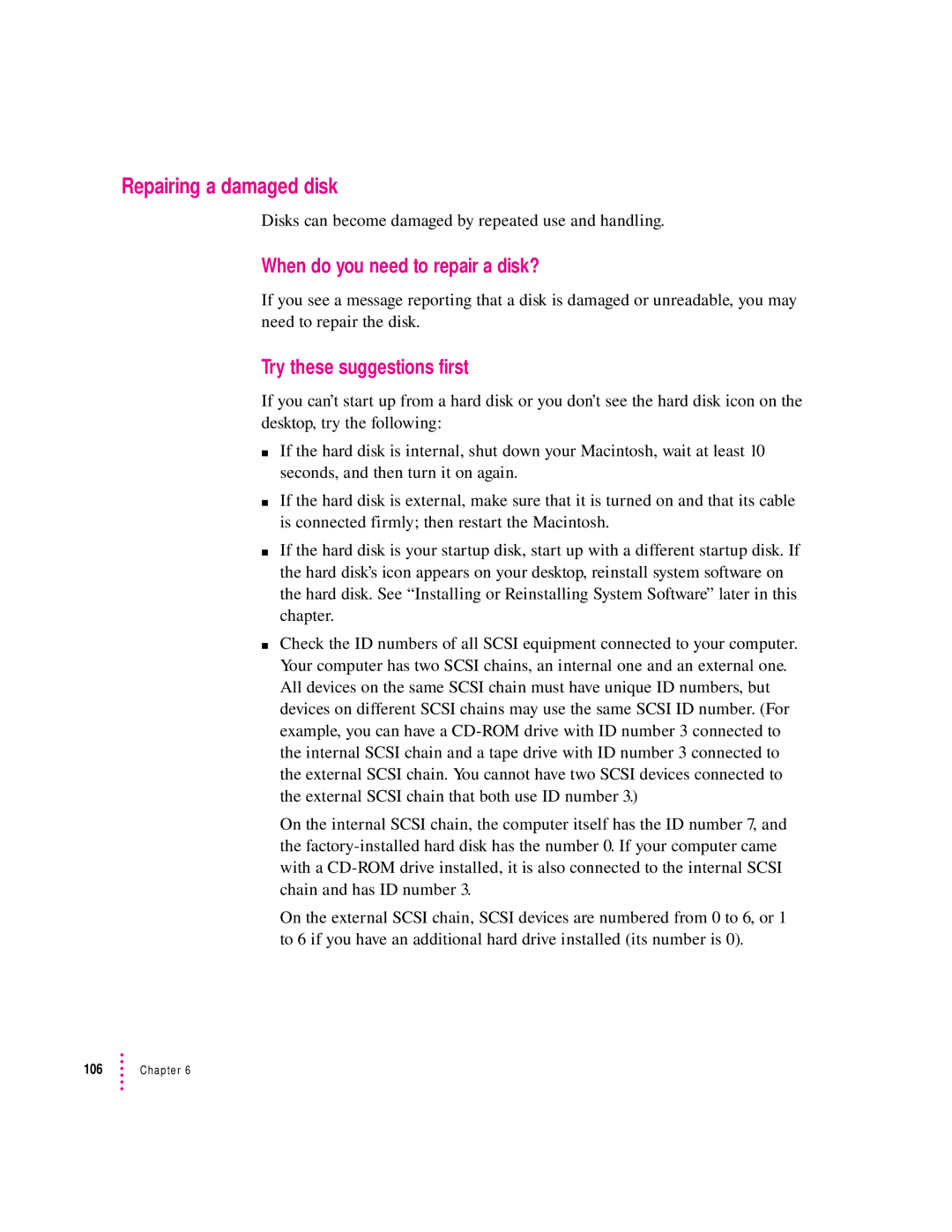 Apple 132 Series appendix Repairing a damaged disk, When do you need to repair a disk?, Try these suggestions first 