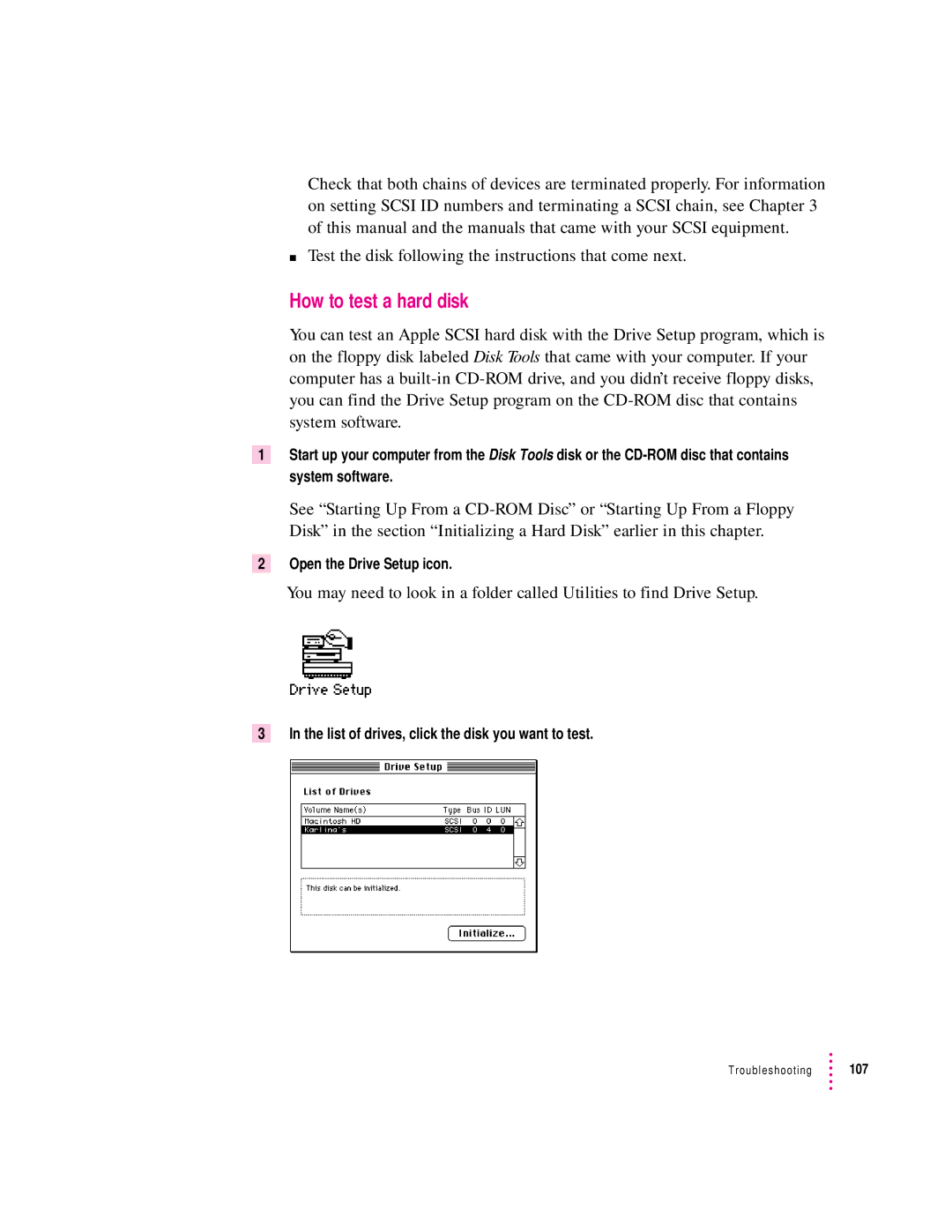 Apple 132 Series appendix How to test a hard disk, List of drives, click the disk you want to test 